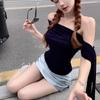 Ribbon Short Sleeve T-shirt Slim Fit Off Shoulder Shirt Top Thin Slanted Shoulder Top  Girls