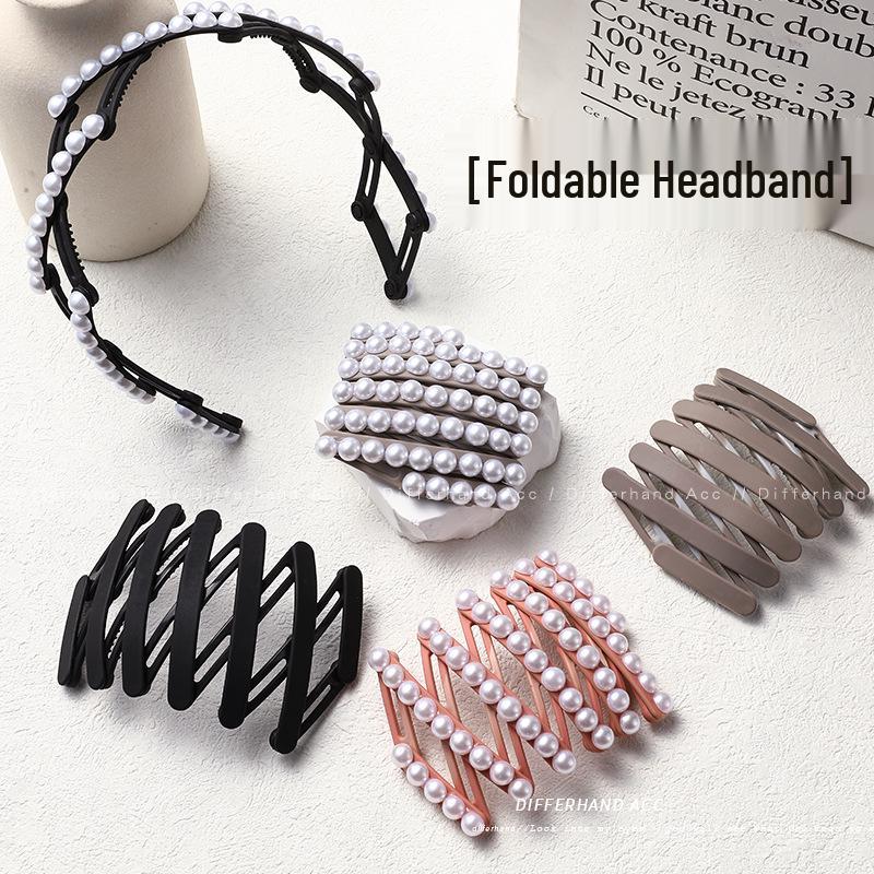 2024 Pearl Retractable Folding Headband: New Hair Accessory for Women, Combats Frizzy Hair, Ideal for Washing Face