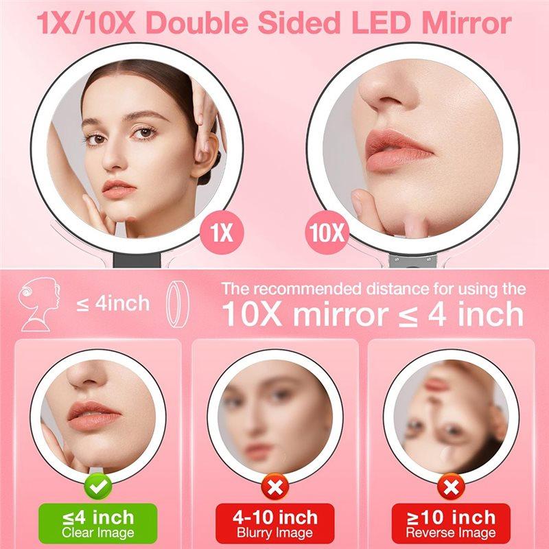 ABWR-Doppelvergrößerung 10X LED Kosmetikspiegel, Tragbar, Wiederaufladbar Mit 3 Farbbeleuchtung
