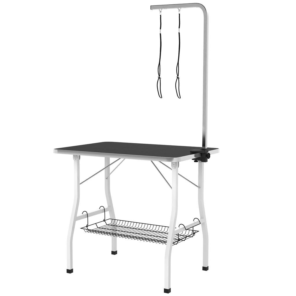 Dog Grooming Table, Grooming Table with Adjustable Arm, Storage Compartment, Rubber Surface, 90 x 60 x 76 cm, Black