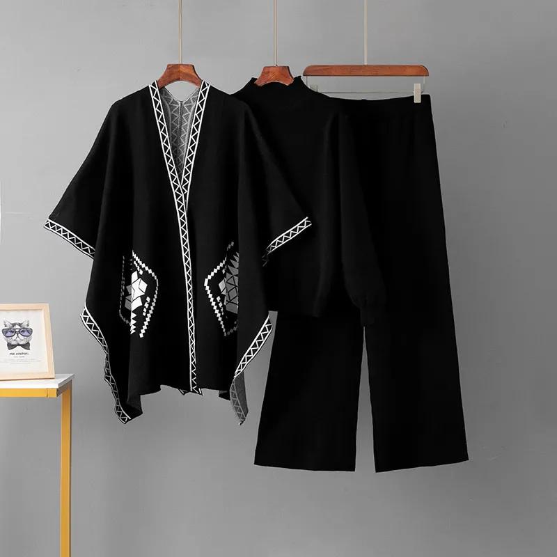 Women Suits Sets Embroidery Pants Thickened Sweaters Coat Top Longs Pants Three-piece Oversize 3PC Suit