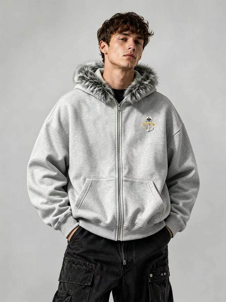 Unisex Faux Fur Hood Zip Up Cropped Hoodie, Thermal Warm Tops, Regular Fit for Trip Errands Outdoor Walk Commute Daily Occasions