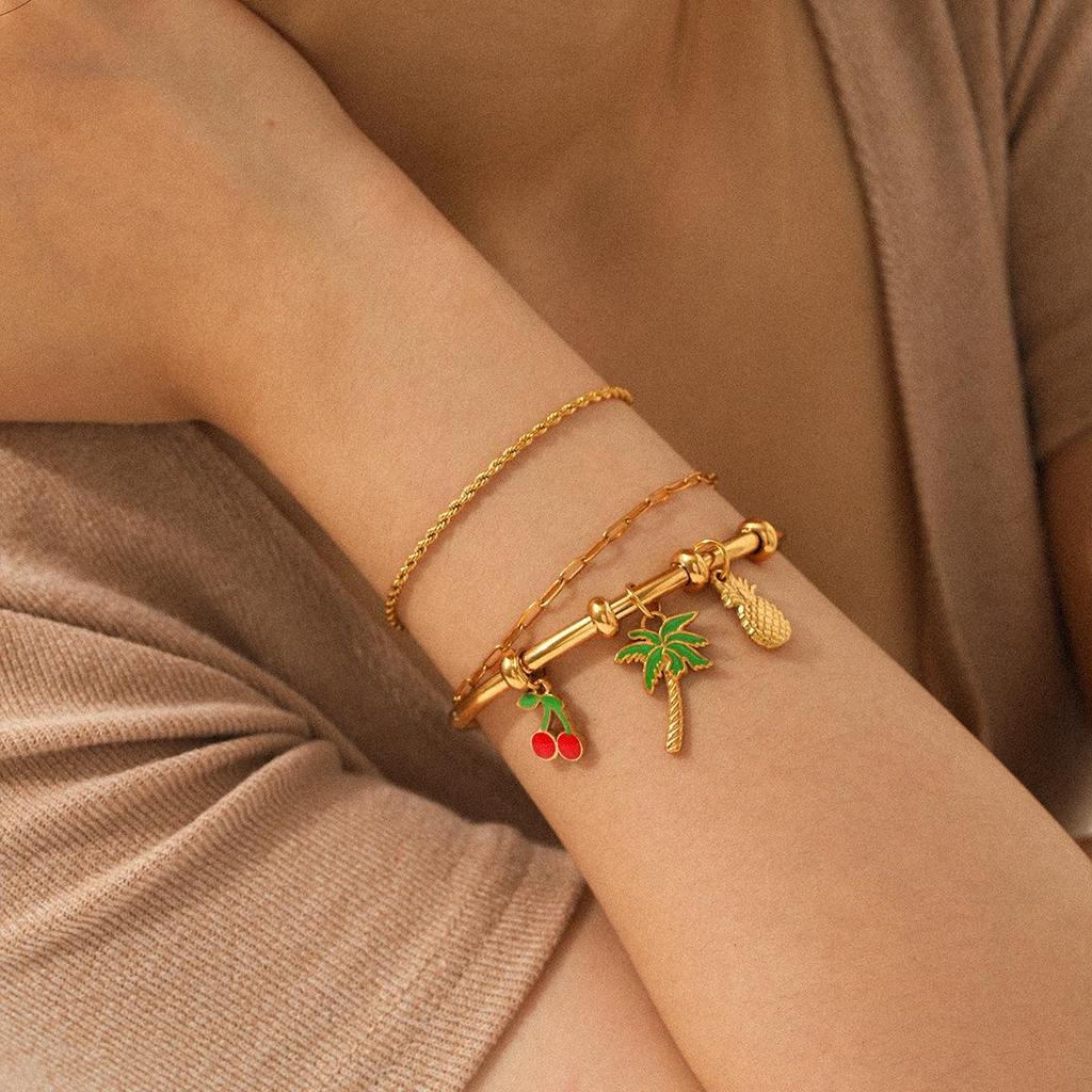 18K Gold Stainless Steel Pineapple Cherry Pendant Bracelet - Non-Fading Titanium Steel DIY Jewelry