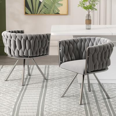 Velvet Dining Chair, Set of 2, Single Light-Colored Luxury Living Room Bedroom Swivel Chair, Leisure Chair with Four Metal Support Legs, Grey+Silver