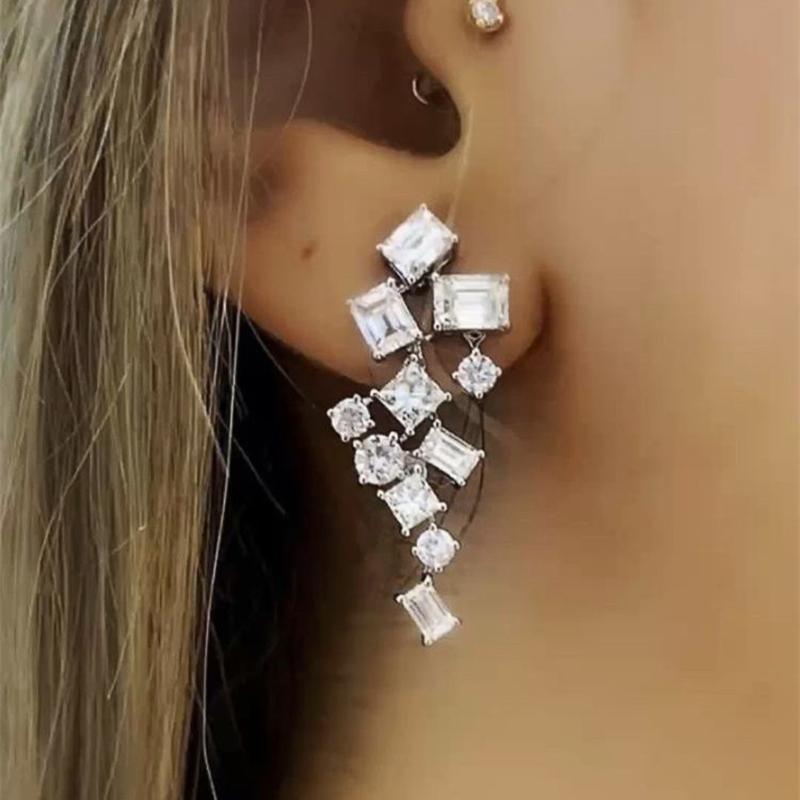 

Huitan Geometric Crystal Cubic Zircon Dangle Earrings Simple Stylish Design Temperament Earrings for Women Wedding Trend Zircon as picture