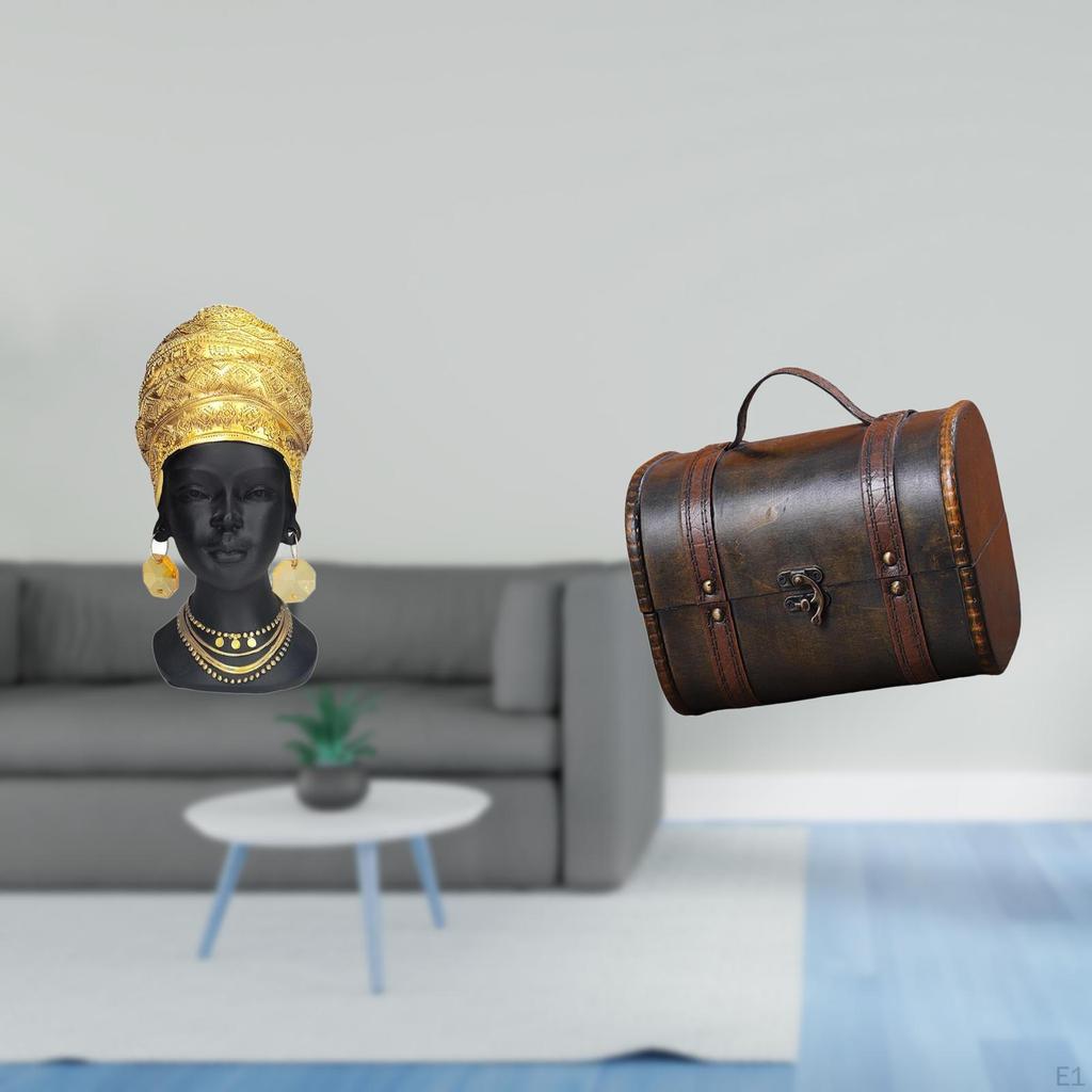 Elegant Resin African Woman Figurine with Vintage Wooden Jewelry Box Organizer Decor Centerpiece And