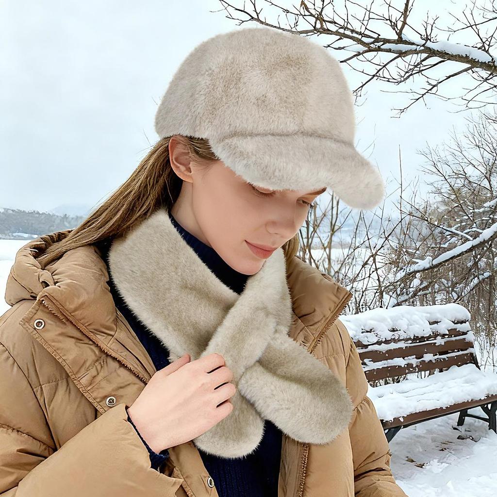 Autumn Winter Women's Faux Mink Fur Baseball Cap, Faux Fur Warm Hat Scarf Set 2Pcs, Outdoor Travel Lady Cap & Scarf Combo