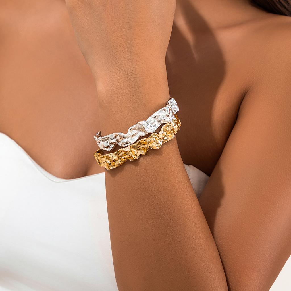 IngeSight.Z Creative Irregular Concave Convex Surface Bracelet for Women Vintage Gold Color Open Wide Bangles Party Jewelry Gift