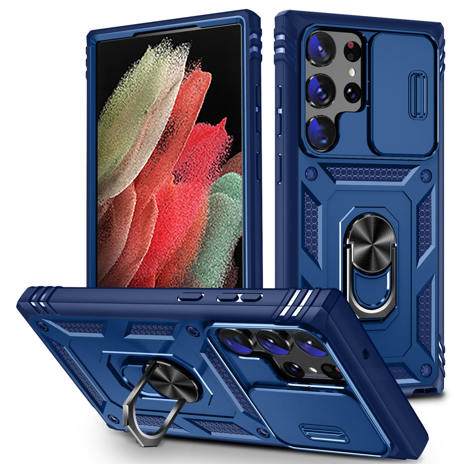 

Защитный чехол для телефона Samsung Galaxy S23 Ultra с кольцом-подставкой, держателем для карт, задней крышкой телефона со сдвижной крышкой для камеры Blue