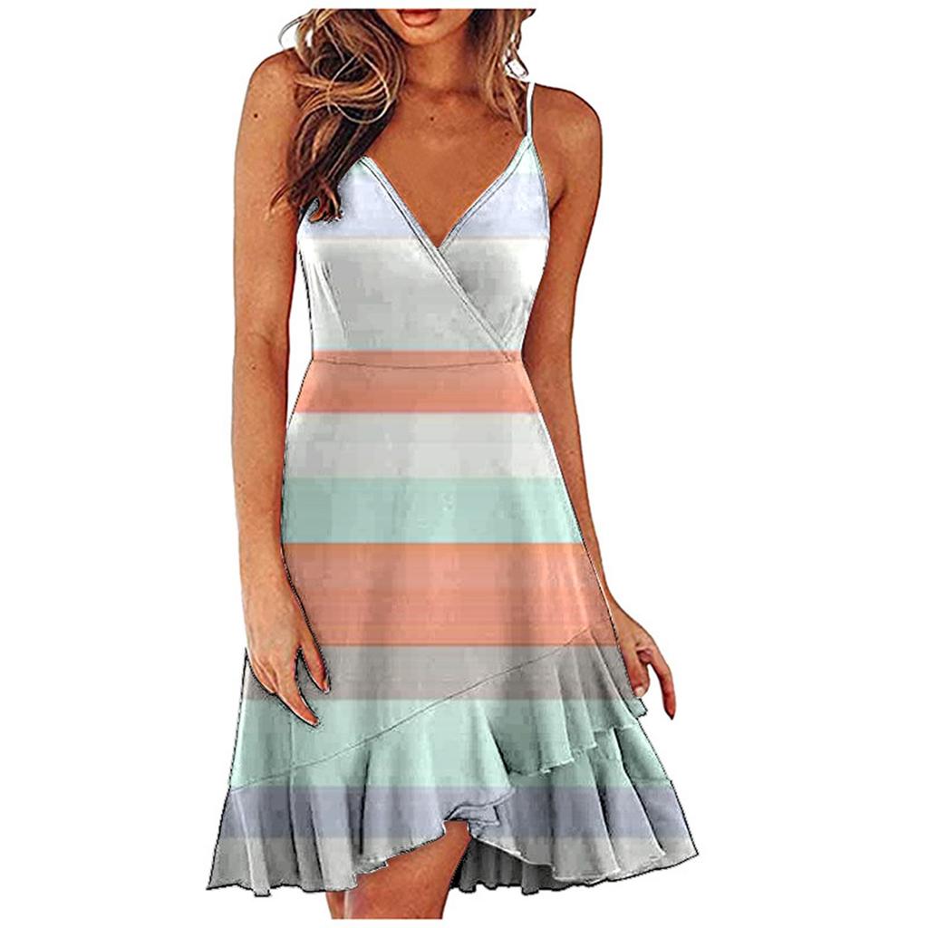 Ladies Slim Printed  Buckle Shoulder Strap Ruffled Sling Dress