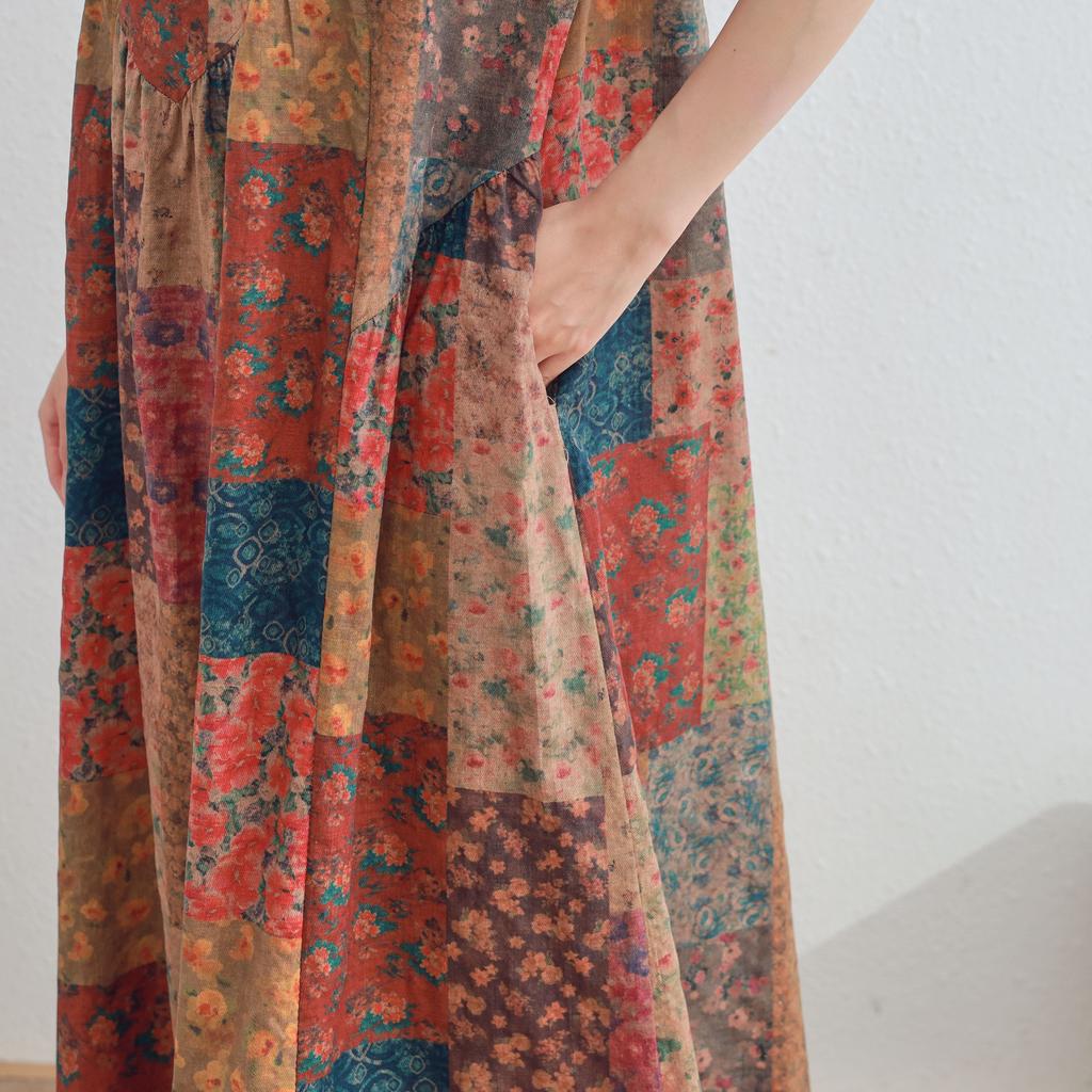 DIMANAF 2025 Women Plus Size Summer Dress Casual Floral Dress Basic Vintage Loose Long Dress Maxi