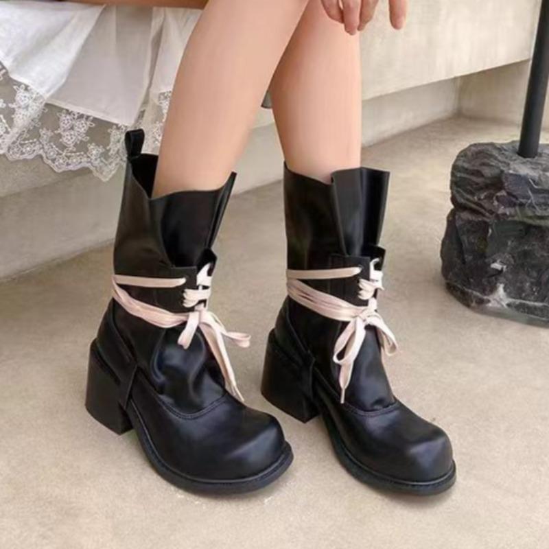 Platform Heightened Bundle Lace-up Booties 2025 Summer New Round Toe Block Heel Skinny Non-slip Stack Boots