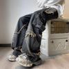American Retro Distressed Wide-Leg Jeans with Pentagram Design and Big Pockets for Men