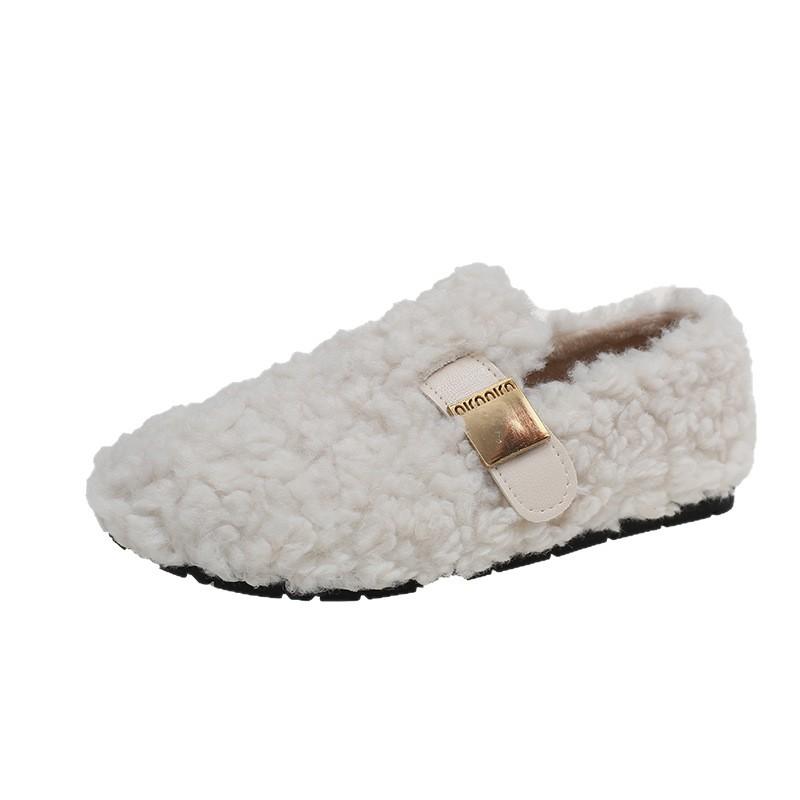 Flat bottom fluffy shoes women's winter plush lazy cotton shoes warm plush beanie shoes