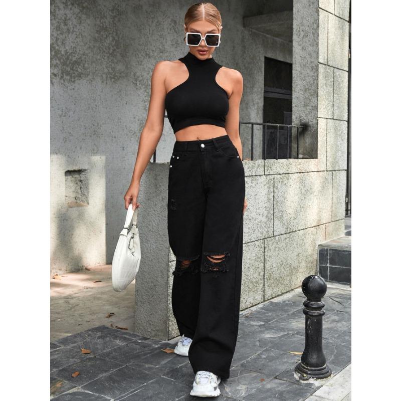 Fashion ripped high-waisted wide-leg casual jeans women's casual all-match comfortable street
