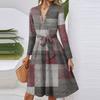 Women's Fashion Casual V-Neck Long Sleeve Waist Plaid Print Midi Dress