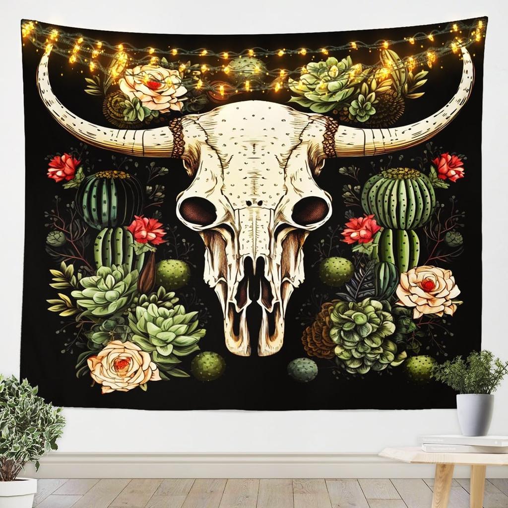 3D Skull Floral Wall Tapestry Rose Death Skull Tapestry, 3D Romantic Skeleton Tapestry For Bedroom Boho Gothic Hanging Wall Art