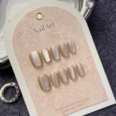 Conjunto de unhas postiças 100% FEITO À MÃO com cola Nuomi Moon Stone Gentle Cat Eyes Unhas curtas de fototerapia Unhas reutilizáveis e removíveis
