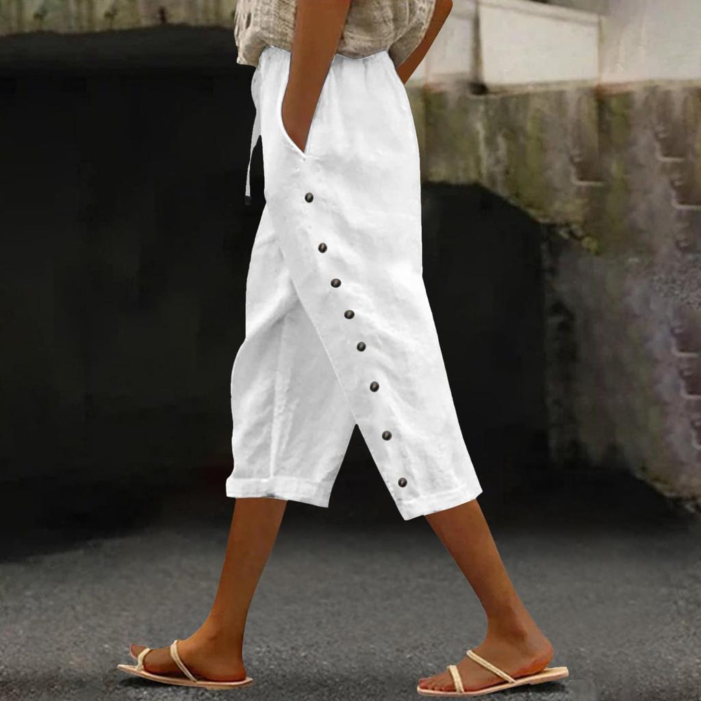 Women's Fashion Loose Casual Splicing Button Drawstring Solid Color 3/4 Pants