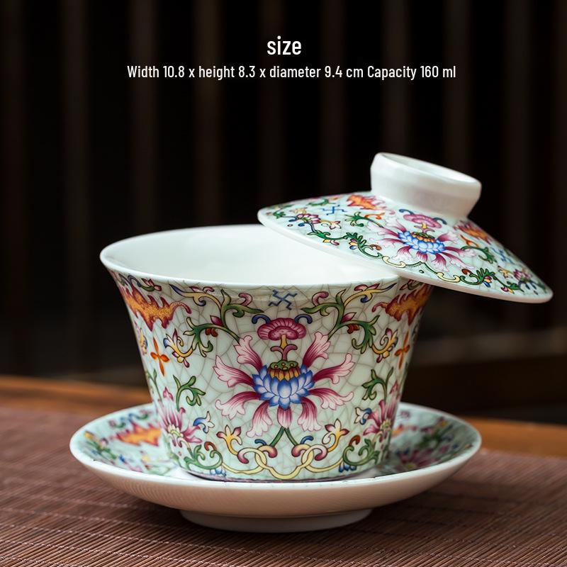 Large Retro Ceramic Famille Rose Sancai Gaiwan Tea Cup for Home Use