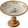 BRRetro Wooden Ceramic High Pedestal Plate Fruit Platter Dessert Bowl Porcelain Tray Food Tray Cake Plate Kitchen OrganizerEY