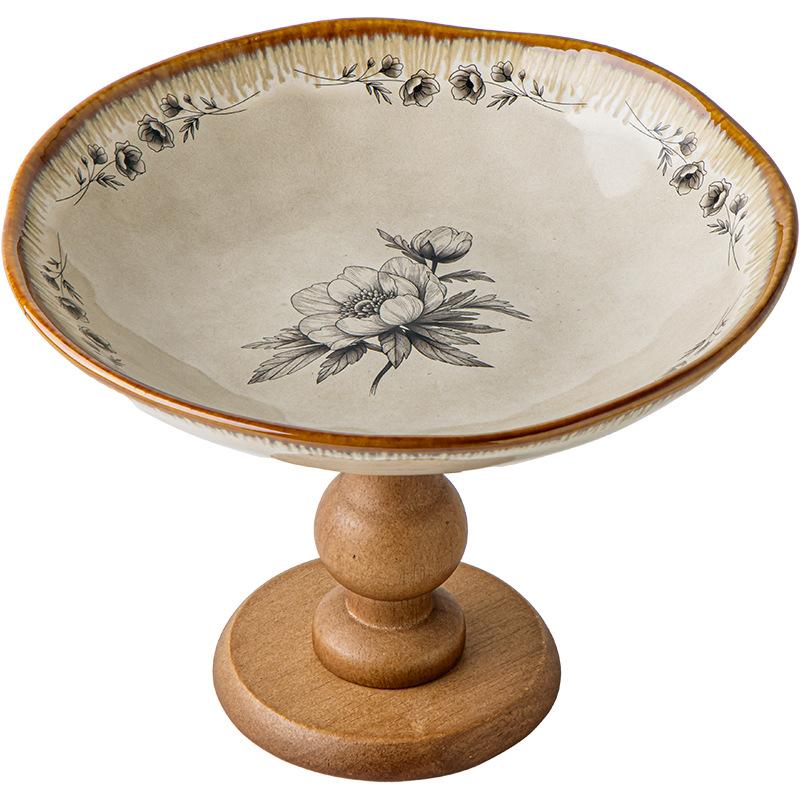 BRRetro Wooden Ceramic High Pedestal Plate Fruit Platter Dessert Bowl Porcelain Tray Food Tray Cake Plate Kitchen OrganizerEY