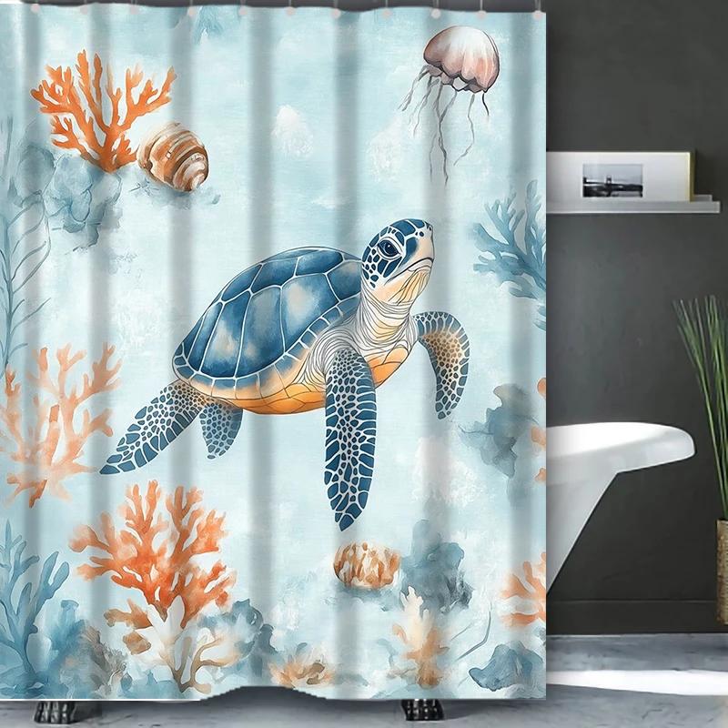 "Ocean Turtle Shower Curtain, Waterproof & Mildew-Resistant Bath Curtain with Coral Reef Design for Nature-Loving Bathroom Decor