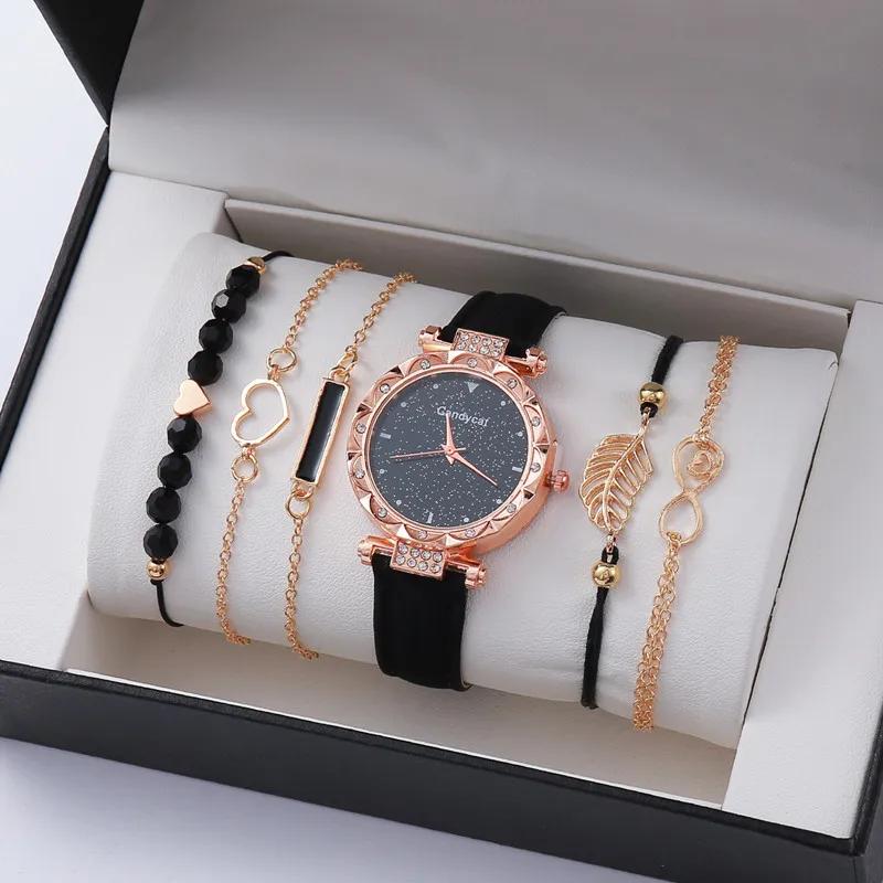 New Fashion Watches for Women Ladies Simple Heart Dial Casual Female Luxury Analog WristWatches 6pcs Bracelet Set Gift No Box