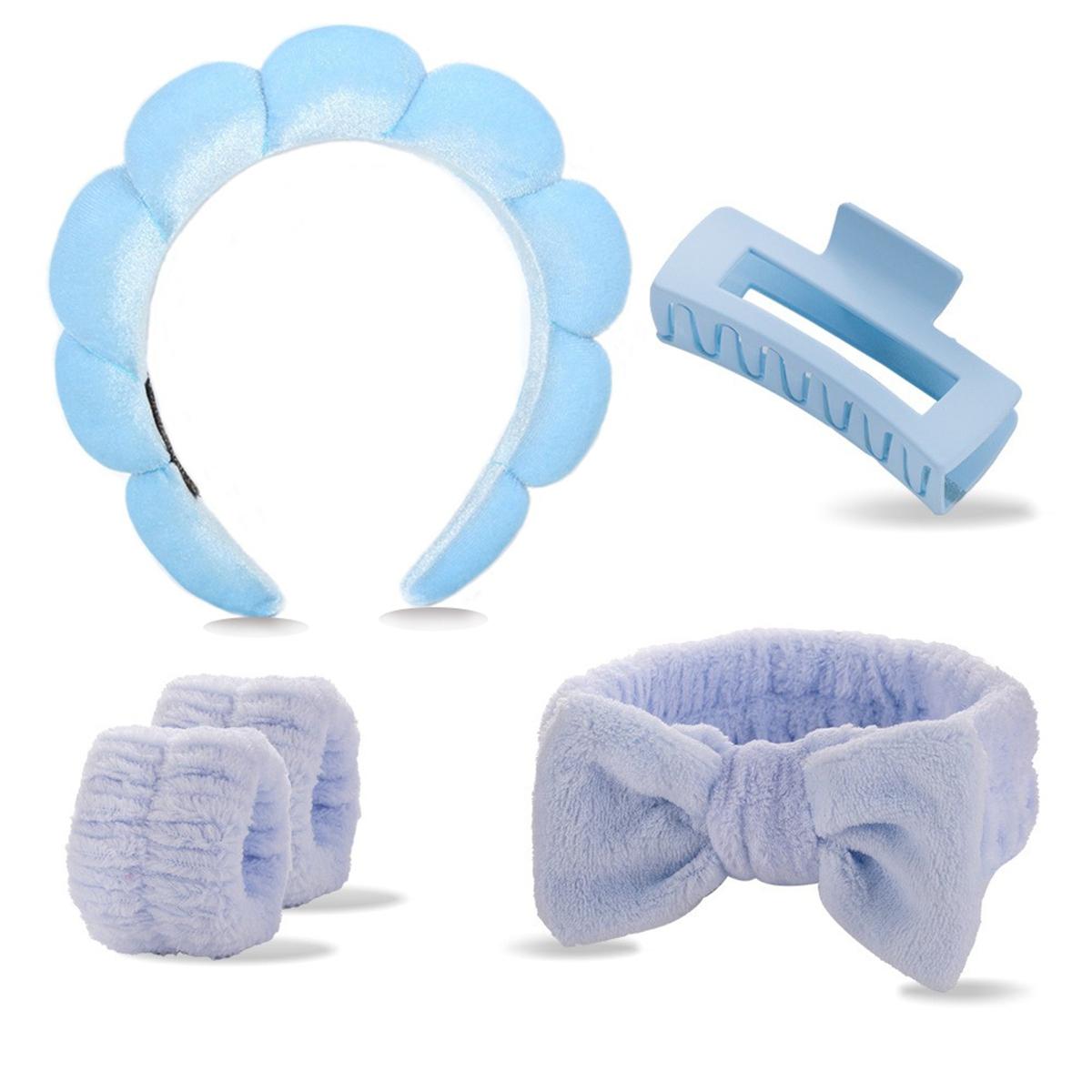 

4Pcs Pink Skincare Hair Accessories Set, Spa Headband, Hair Claw, Wristbands & Bow Headband, Soft Terry Cloth for Face Washing & синій