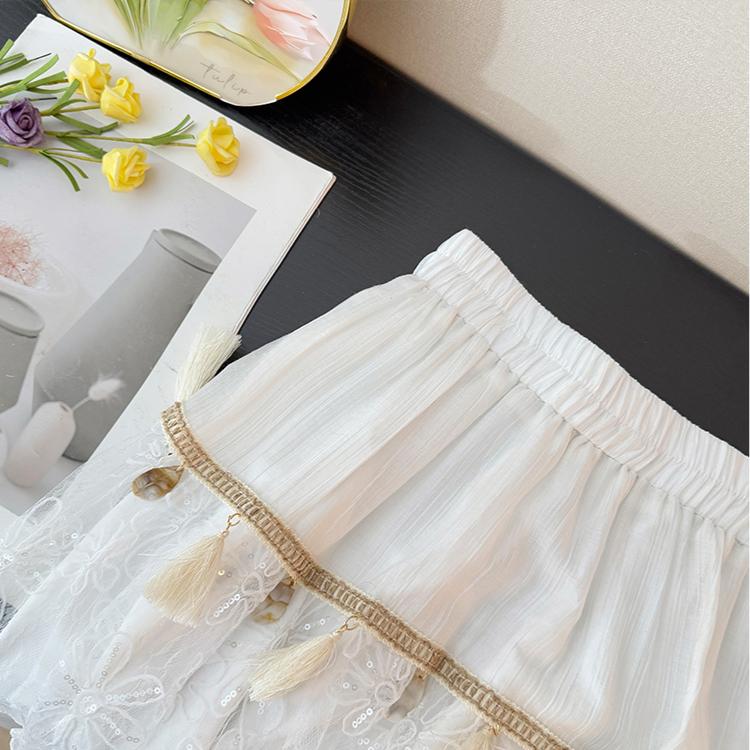 Dimanaf 2025 Summer Women White Skirts Lace Vintage Elastic Pleated Elegant Long Skirts New High Waist