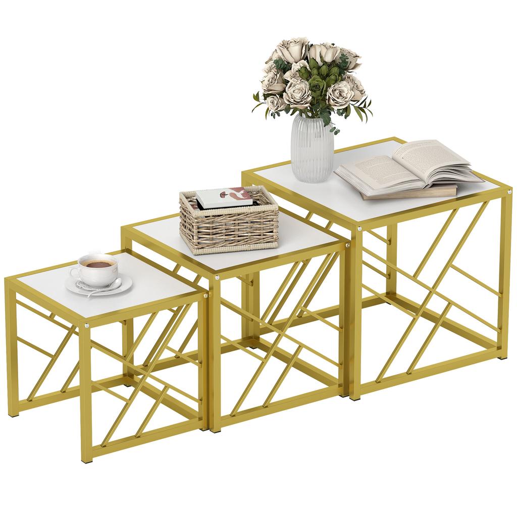 Nesting Coffee Tables, Set of 3 Square Side Tables with Black Metal Frame, for Living Room, Bedroom and Office, White