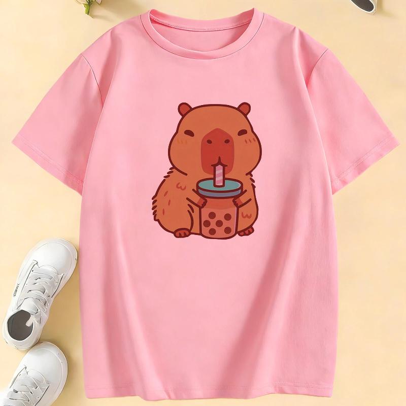 Girls' Cute Capybara Drinking Milk Tea Graphic T Shirts Kids Children's T-shirt Boys Girls Summer Spring Casual Top Tee Shirt