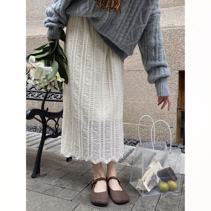 French All-Matching Fleece-Lined A- line Sheath Long Dress Lace White S