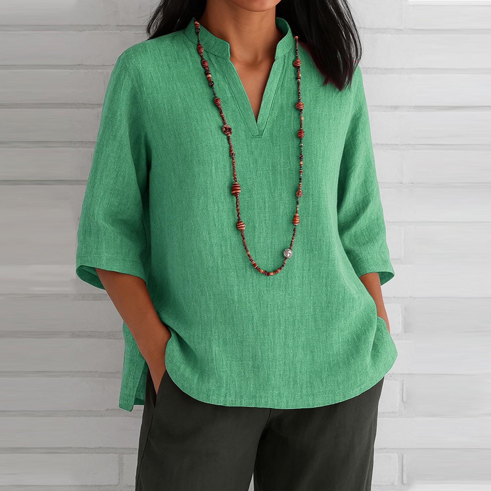 

Женская Мода Повседневная V-образный вырез Манжет Хлопок Лен Свободная Повседневная Рубашка XXL зелёный