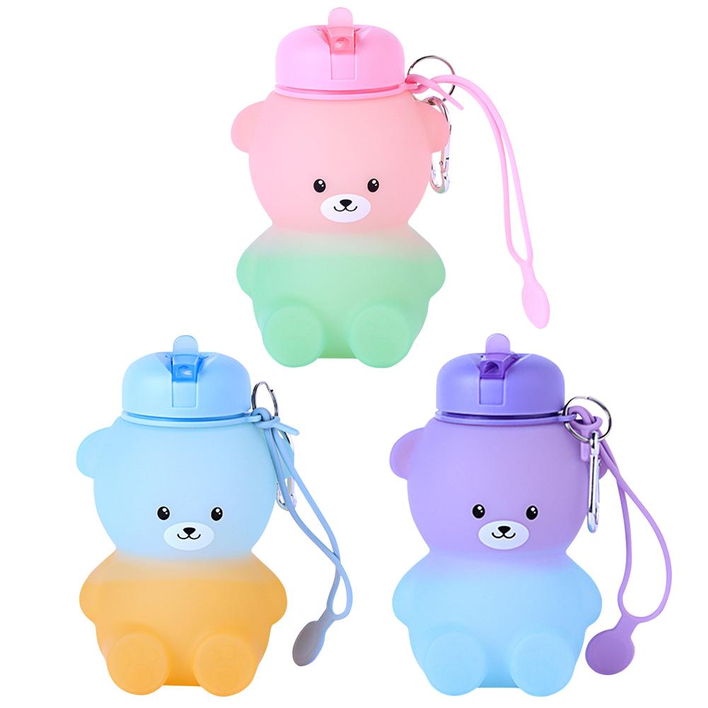 600ml Collapsible Water Bottle Silicone Cute Bear Water Bottle Large Capacity Foldable Drinking Cup for School Sports Hiking
