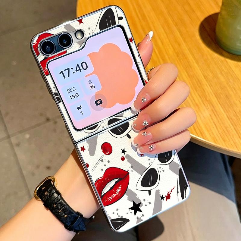 Fashion Kiss Lips Pattern Case For Samsung Galaxy Z FlIP 7 FE 6 5 Plating PC+PU Leather Hybrid Folding Cover For Samsung Z Flip7 Flip6 Flip5