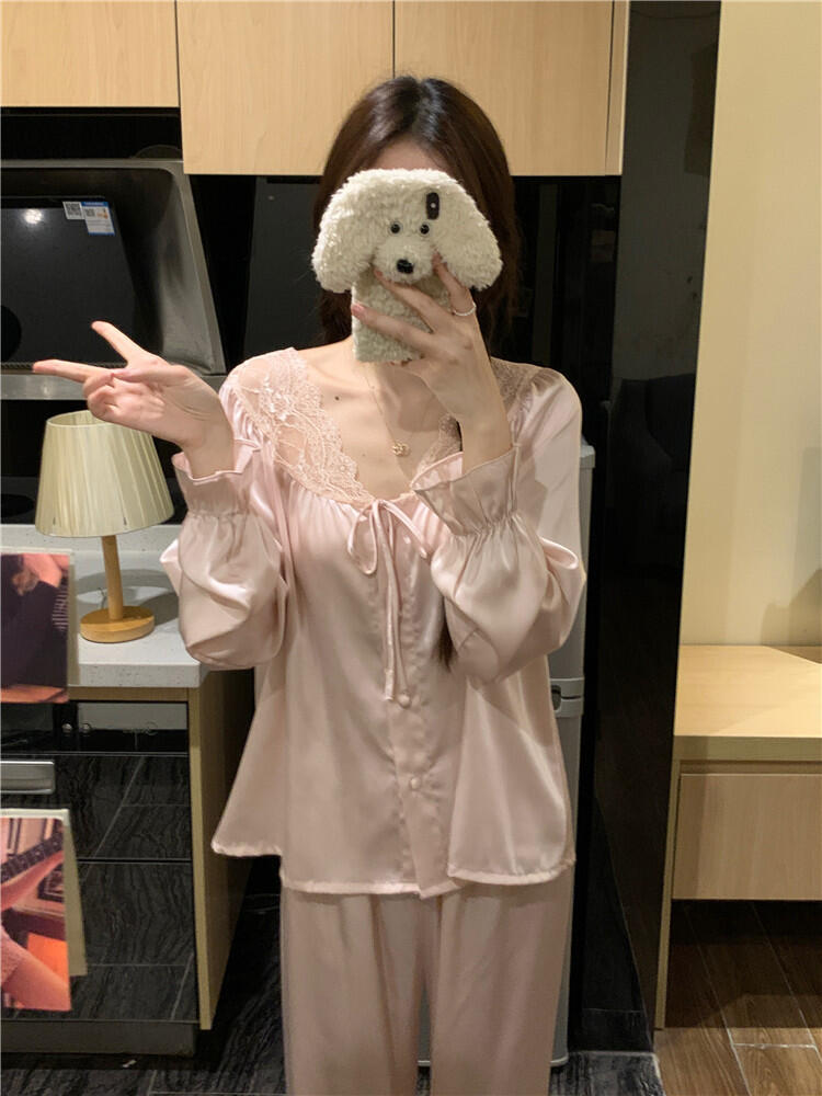 1011 French Simple Solid Color Pajamas Spring and Autumn Women's Pure Desire Lace Long Sleeves Trousers Loungewear Suit Outer Wear