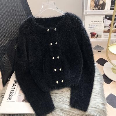 Crew Neck Imitation Mink Knitted Cardigan Women's Autumn and Winter New Gentle Temperament Thin Double-breasted Sweater Jacket