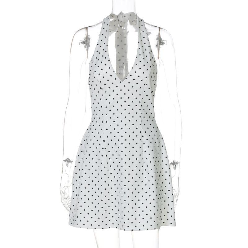 

Shemoda Fashion Wind Wave Point Print Deep V-neck Lace up Halterneck Zipper Backless Dress Female Silm Short Skirt White L