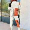 Women Plus Size Round Neck Long Sleeve Printed White Orange Two Piece Fitted Pants Set