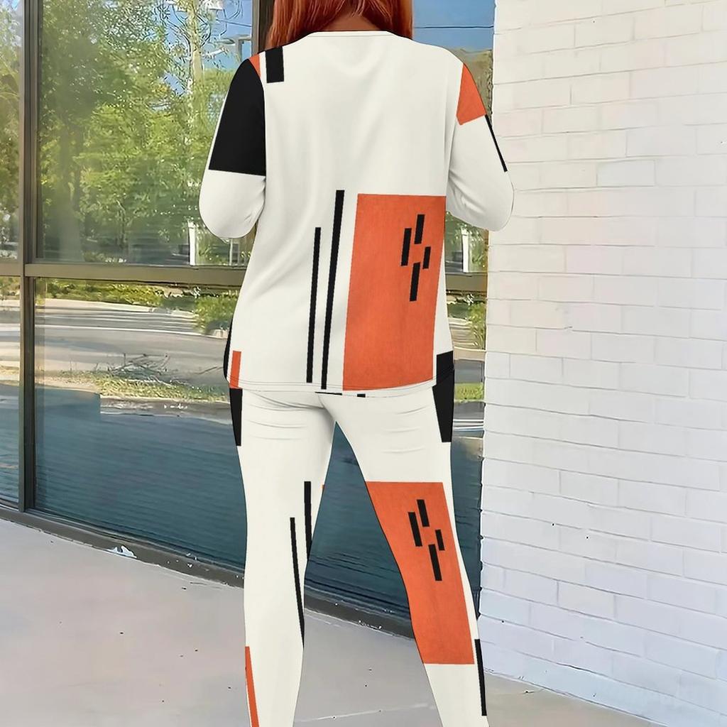 Women Plus Size Round Neck Long Sleeve Printed White Orange Two Piece Fitted Pants Set