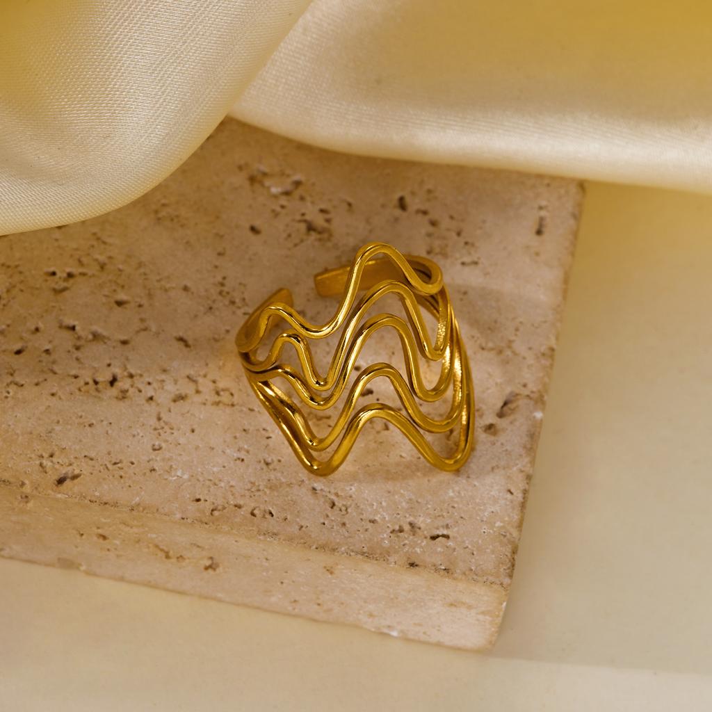Gold Plated Stainless Steel Geometric Symmetry Line Open Ring for Women Men Line Texture Ring Charms Waterproof Jewelry Gift