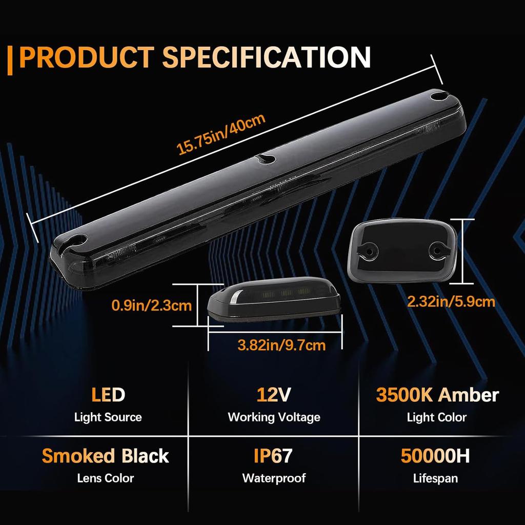 3X LED Cab Marker Lights Smoked Lens Amber Cab Top Roof Running Light Assembly Compatible with Silverado/Sierra 1500 2500 2500HD 3500 3500HD 2014