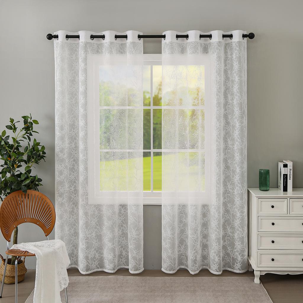 White French Tree Sheer Curtains Beige Linen Textured Curtains 84 Inch Long 1 Panels for Living Room