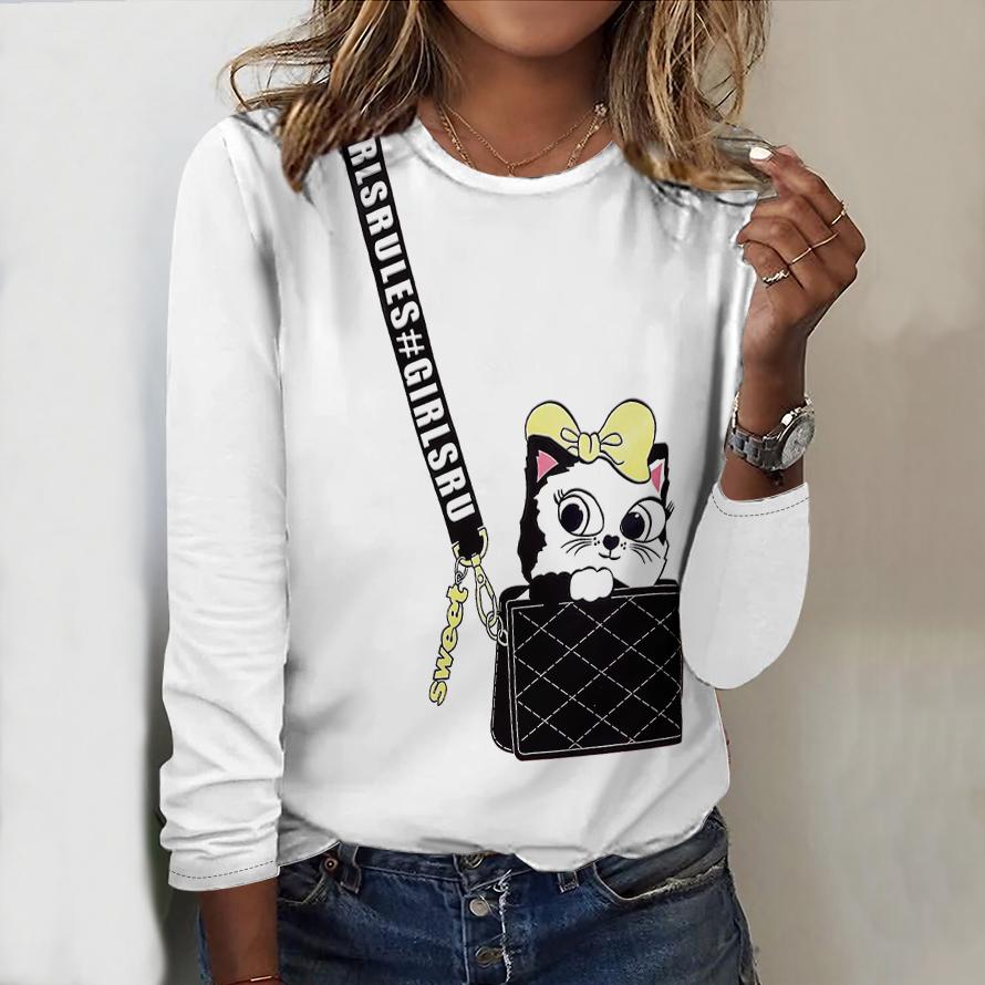 

Топы на весну и осень, сумка с принтом кота, круглый вырез, длинный рукав, футболка, осенний повседневный тонкий пуловер, женский топ с длинным рукавом 8XL белый