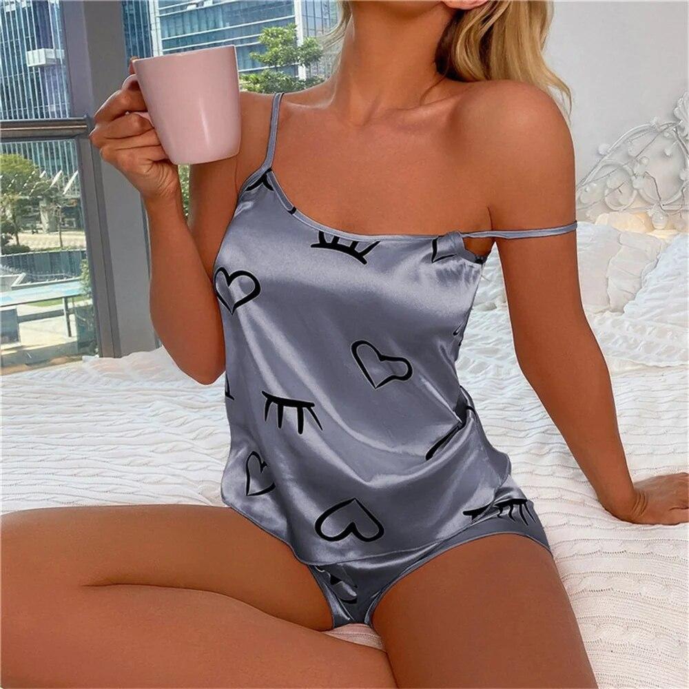 Sexy Heart Print Pajama Set Women's 2 Pieces Sleepwear Pyjamas Silk Satin Cami Top And Shorts Pajamas Summer Pajamas Set