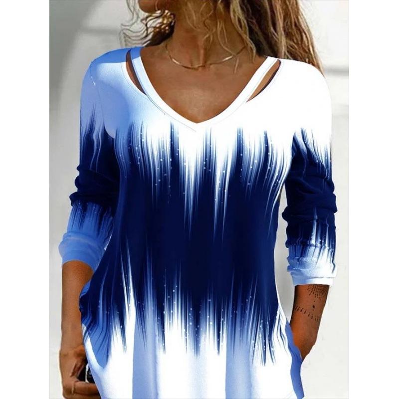 

Весна-лето Персонализированная футболка с длинными рукавами и V-образным вырезом в стиле тай-дай с градиентом цвета Женская футболка 3XL синий
