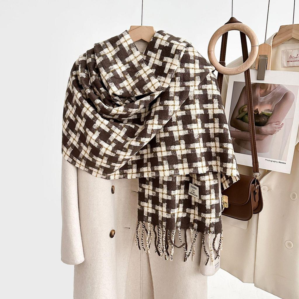 Women's Winter Plaid Imitation Cashmere Tassel Scarf, Thickened Korean Style Neck Warmer