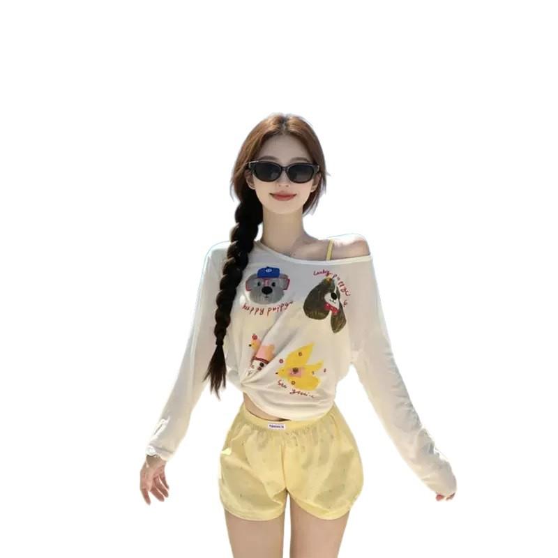 High-end Polyester Girl Sunscreen Long-sleeved Shirt Bikini Flat Angle Four-piece Vacation Hot Spring Swimsuit