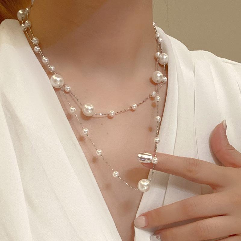 French Geometric Round Pearl Beaded Necklace Fashion Simple Court Style Necklace Light Luxury Premium Sweater Chain Women
